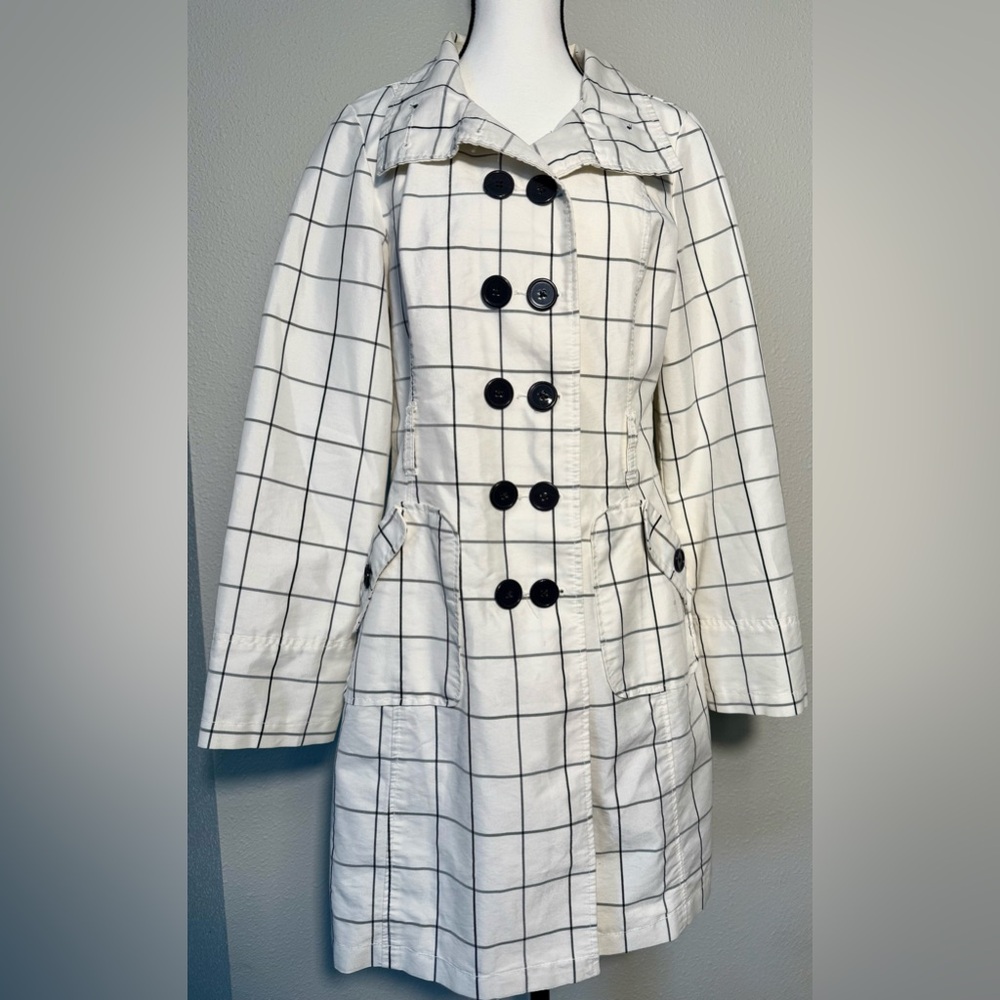 Merona White Trench Coat with Black Grid Pattern